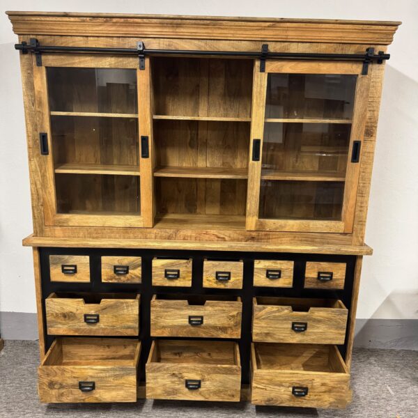 Duży bufet z podwójnymi drzwiami szklanymi, szufladki 180cm seria Loft